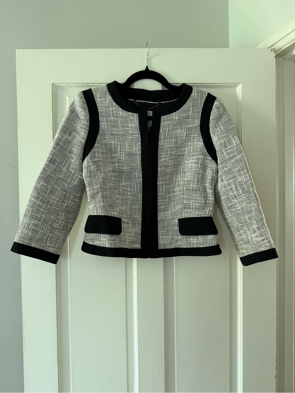 L.K. Bennett Tweed Collarless Jacket Blazer Black White US 4